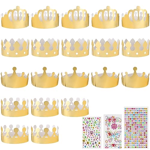 Fyihoxi Juego de 20 coronas de papel doradas, coronas de cumpleaños, coronas para manualidades, cumpleaños infantiles, con piedras preciosas, autoadhesivas y pegatinas, para niños, adultos, fiestas de