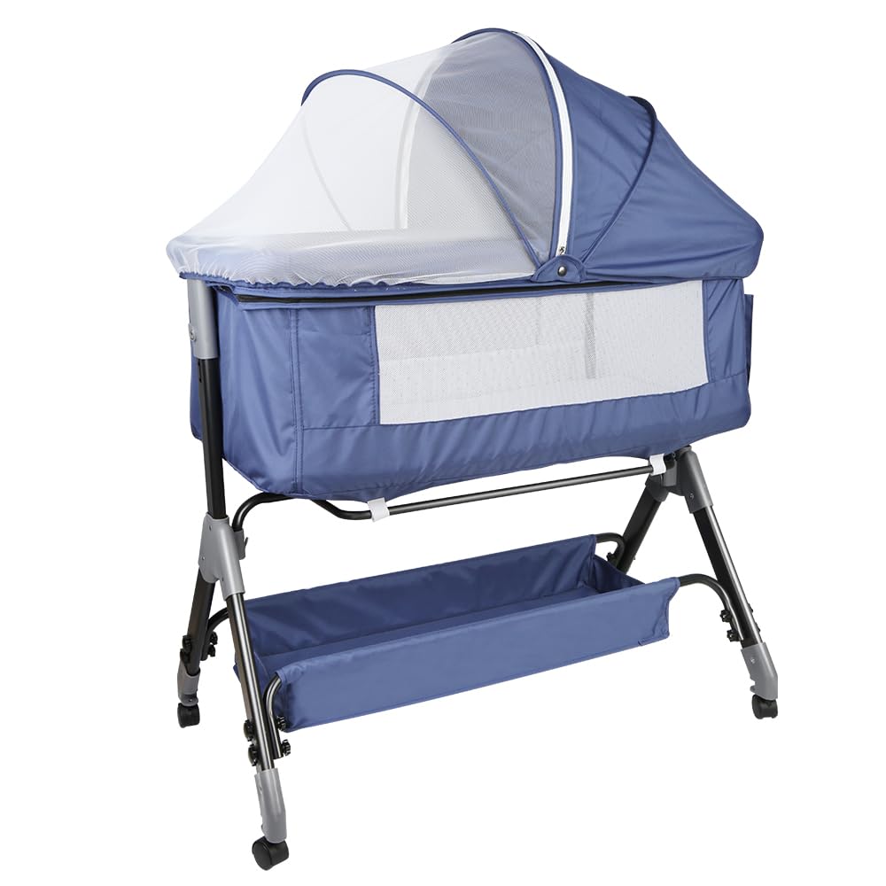 OHMG Bed multifunción 3 en 1,Cuna colecho y Parque,para niños de hasta 15 kg,con Ajuste de Altura de 5 Posiciones,con colchón,Correas de sujeción y Ruedas (Azul Tibetano (104x52x103-115cm))
