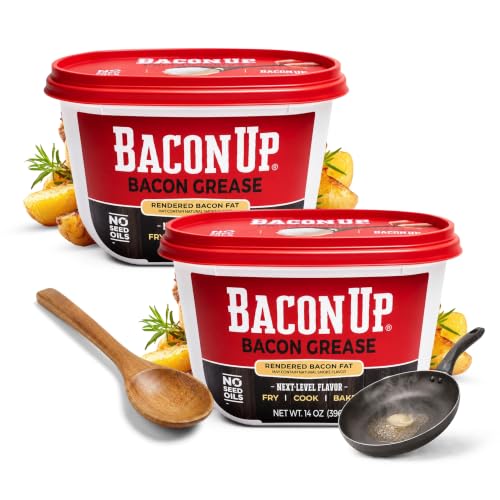 Bacon Up® Bacon Grease – 100% Authentic Animal Fat with No Seed Oils – Triple-Filtered & Non-Hydrogenated - 14 Ounce Tub; Pack of 2 with Spoon – for Frying, Cooking, Baking, Grilling, and Sautéing