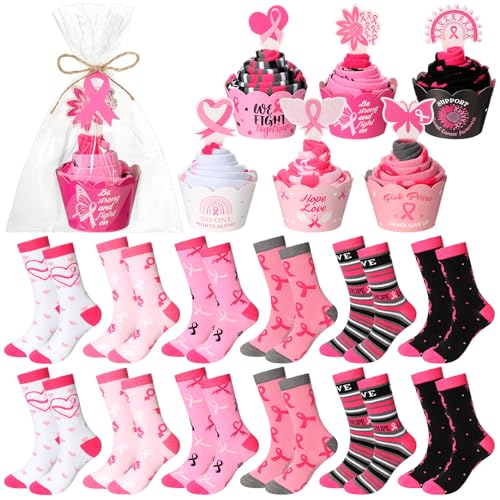 Foaincore 12 Pairs Breast Cancer Awareness Socks with Cupcake Gift Packaging for Women Pink Ribbon Socks with Greeting Card, Tape, Jute Rope, Clear OPP Bags, Breast Cancer Awareness Bulk Items Gifts