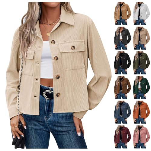 Corduroy Jacket Women Casual Long Sleeve Crop Jackets Tops Trendy Button Down Shacket Lapel Neck Outerwear for Fall4