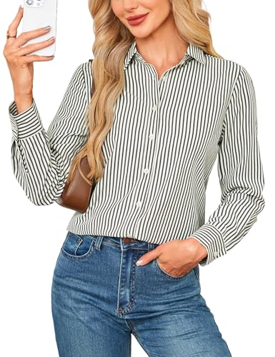 Beluring Blusa de manga larga para mujer, camisa de lino, cuello de pico, blusa informal, negro-blanco, XL