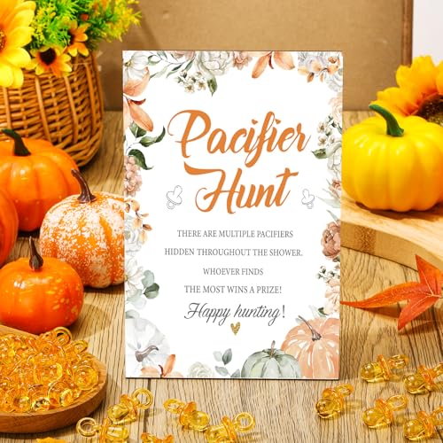 Image of Thyle 51 Pcs Pacifier Hunt Baby Shower Games Include Hunt Sign and 50 Acrylic Pacifiers for Baby Shower Game Decoration Gift Sets Gender Reveal Party Decor(Pumpkin)