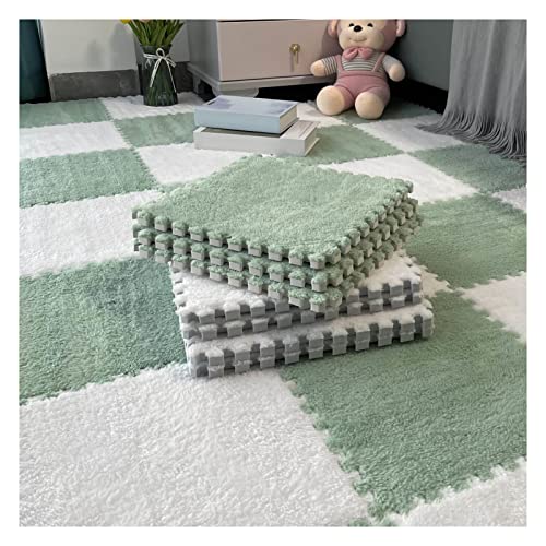 Image of 12"X12" Plush Interlocking Foam Mat, 6Mm Thick Foam Mat,Living Room Bedroom Carpet Tiles Area Rug Mat,Soft Puzzle Play Mat,Green+White,10Pcs