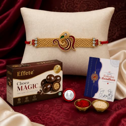 Image of Oblivion Rakhi with Chocolate for Brother - OM Design Multicolor Rakhi with Choco Magic Chocolate 32 Gm, Greeting Card, Silver Color Pooja Coin & Tilak Set - Traditional Raksha Bandhan Festive Combo