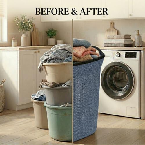 Image of Plastic Laundry Basket with Lid | 60L Extra Large Knit Hamper | Strong & Durable | Ideal for Bathroom, Bedroom & Kids Room | Multipurpose Cloth Storage Organiser | 36 x 46 x 61 cm | Mist Blue