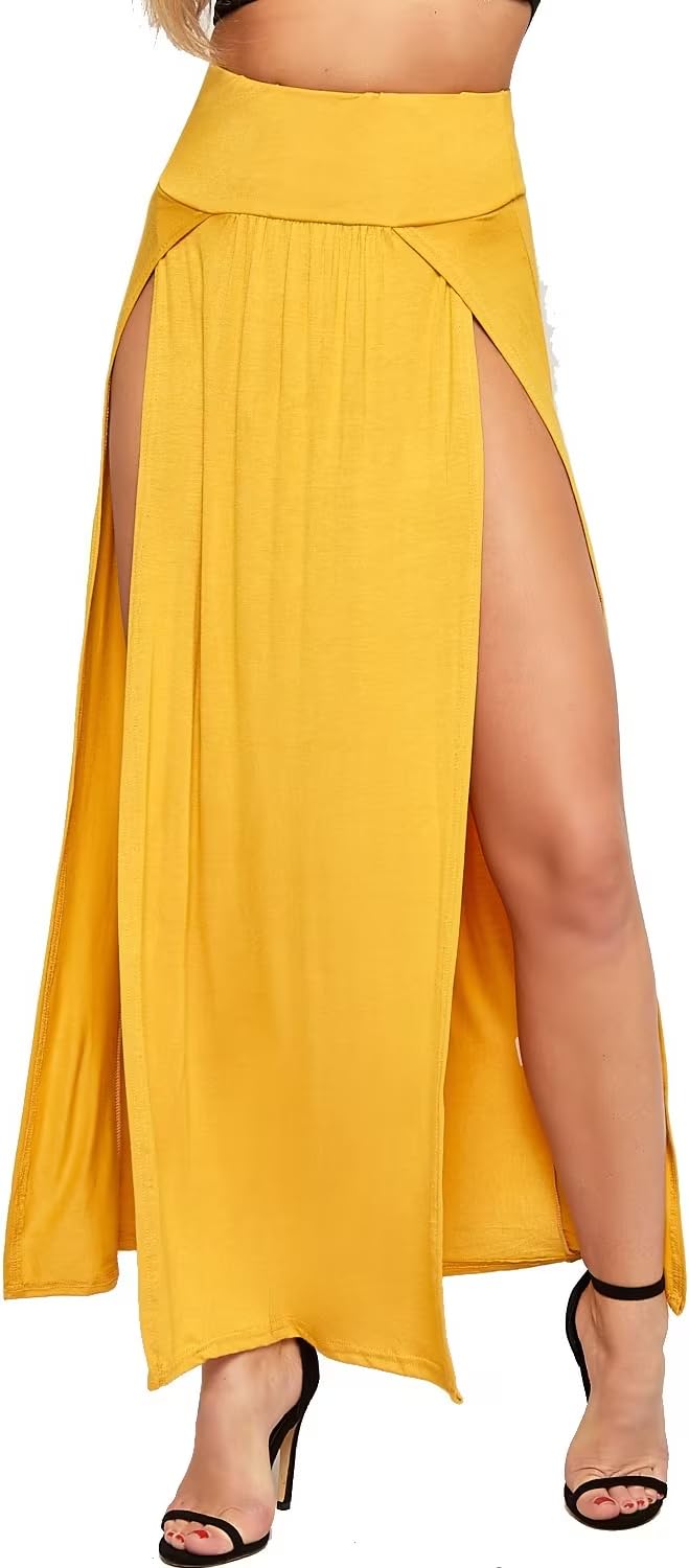 Wearall Women's Mustard Double Split Maxi Long Skirt Plain Basic Two Side Slit - 8-10
