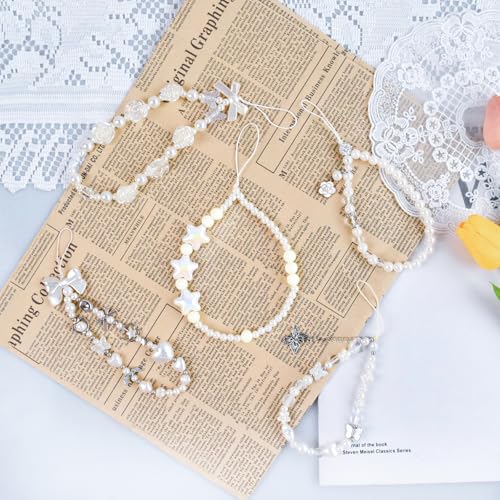 GUBEARE 5pcs Beaded Phone Bracelet Strap, Pearl Butterfly Cell Phone Charm, Beaded Wrist Strap, Bracelet Lanyard for Camera Keychain Wallet Pendant Decor (White) — view 4