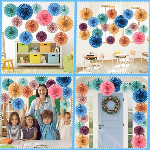 Image of 18 Pcs Hanging Paper Fans Decor Back to School Paper Fans Round Garlands Bulletin Board Classroom Decorations for Party Supplies Classroom Decor(Retro Boho)