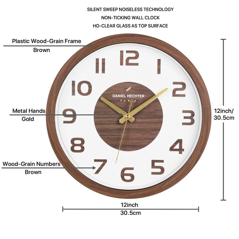 Image of Daniel Hechter Paris Loire Collection Wall Clock, Silent Sweep Non-Ticking, 12 inch(30.5cm) HD Glass White Dial, Brown Wood-Grain Plastic Frame, Modern Decorative Clock for Home & Office - DHCL1004