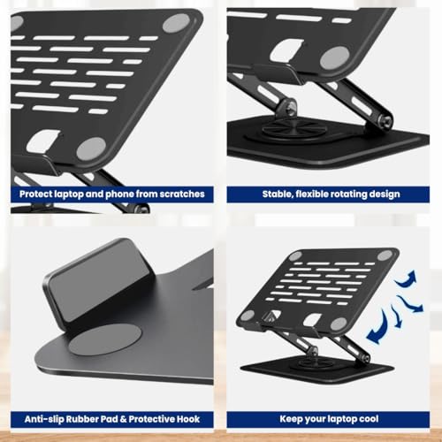 Image of 360 Rotating Laptop Stand Height & Angle Adjustable Tabletop Riser | Foldable Metal Design with Anti-Slip Pad | Compatible for MacBook Air /Pro, Dell, HP, Lenovo & Laptops upto 15.6 inch (Black)