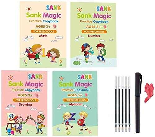 4 Books of Children's English Magic Exercise Book, The Font Automatically disappears The Reusable, Used for Children to Learn English, Painting, Math, Calligraphy, Writing Book Set.
