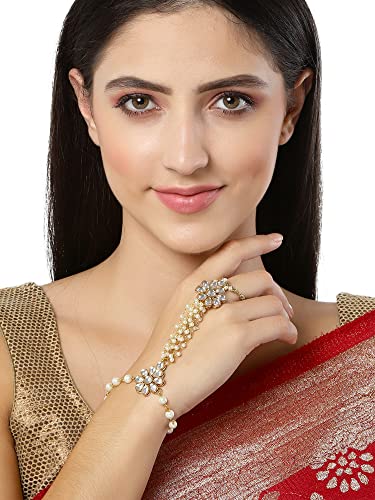 Image of Karatcart Gold Plated Baby Pink Pearl Chain Kundan Hathphool