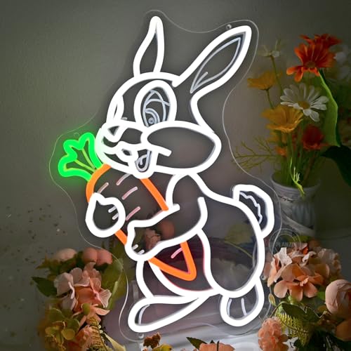Image of Planzo Easter Neon Light Sign Bunny Carrot Bedroom Kids Room Wall Sign Decor Bar Shop Office Home Easter Eggs Sign Birthday Christmas Gift Jesue USB 16.9 inch X 11.8 inch