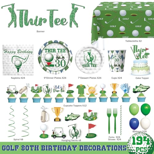 Image of Golf 30th Birthday Decorations, 194 PCs Thir-Tee Golf Party Decor Tableware Supplies with Napkins Plates Forks Cups Straws Balloons Banner Tablecloths Cake Cupcake Toppers