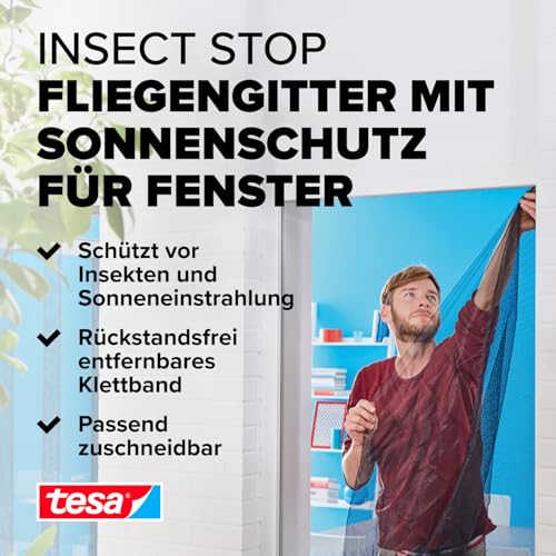 tesa Insect Stop Sun Protect Fliegengitter Fenster - Insektenschutz mit Blend- & Sonnenschutz - Fliegen Netz ohne Bohren - Anthrazit, 130 cm x 150 cm