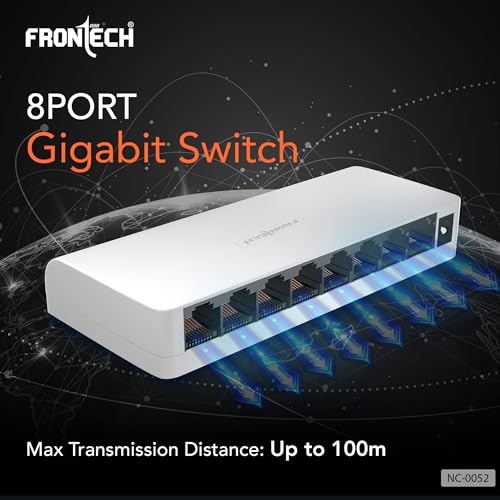 Image of FRONTECH 8 Port Gigabit Ethernet Switch | 10 /100 /1000Mbps | Plug & Play LAN Hub for Router, Computer, Gaming Console, Printer & IP Camera | Wall Mountable | Hi-Speed Network Switch (NC-0052)