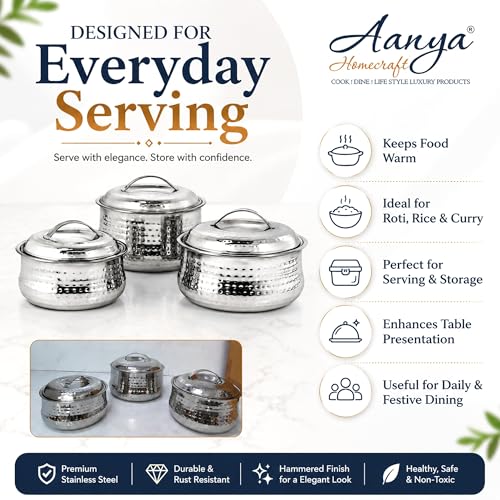 Image of Aanya Homecraft Stainless Steel Insulated Hotpot Set, Silver Serving Casserole for Roti, Rice, Curry & Food Storage, Home & Kitchen Serveware, Set of 3 Sizes