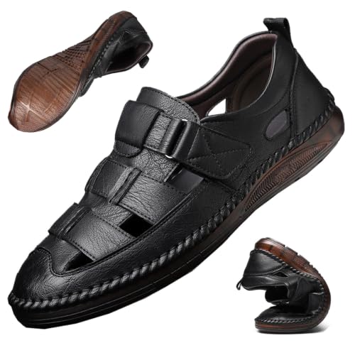 Zapatos casuales de playa tipo sandalias de cuero transpirables y anchas para hombre