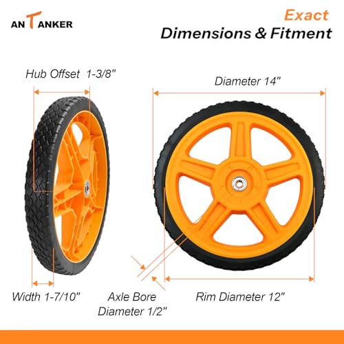 Antanker Lawn Mower Wheels, 14 inch Push Mower Plastic Wheels with Bolts & Nuts Fits Most Standard Lawn Mower Cart(2 Pack)