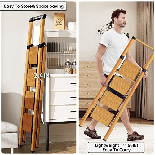 4 Step Ladder, Aluminum Folding Step Stool W/Wide Pedal, Lightweight Safety Step Ladder For Adults, Decorative Storage Shelf Ladder For Kitchen Office Library, 330Ibs Capacity Step Ladder, Woodengrain #TOP4