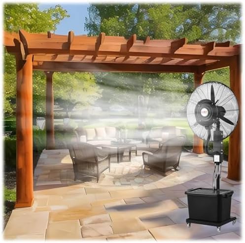 26" 30" Height Adjustable Industrial Oscillating Misting Fan - 3 Speed Settings, 42L Tank, Outdoor Pedestal Spray Fan for Garage, Shop, Patio, Gazebo Cooling