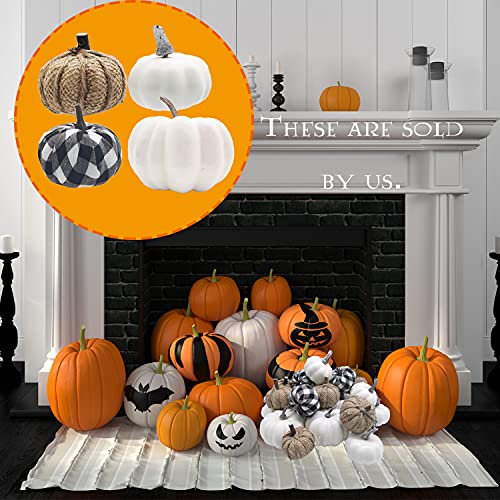 24 Pcs Various Artificial Pumpkins Set,White Pumpkins,Cloth Black White Plaid Fabric Pumkins and Flax Pumpkin in Different Size,Faux Realistic Pumpkin for Halloween,Thanksgiving Party Decor
