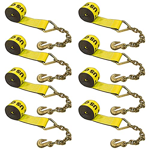 US Cargo Control 4 Inch Winch Strap with Chain Extension Fitting, 30 Feet Long, Heavy Duty Trailer Winch Strap for Safe Cargo Securement, 18 Inch Chain Extension with Grab Hook, Yellow, 8-Pack