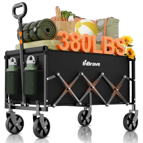 Collapsible Wagon Cart Foldable Beach Wagon with All-Terrain Wheels - 380 LBS Heavy Duty Grocery...