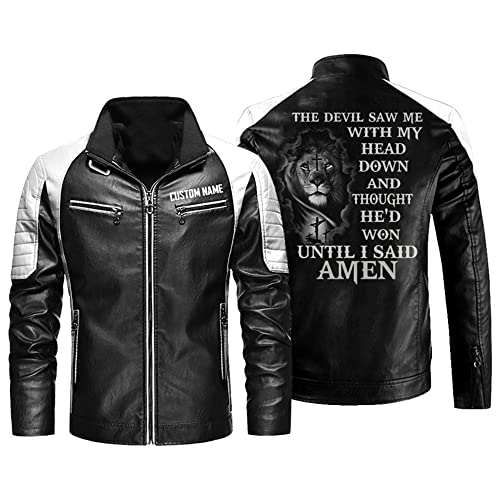 Christian Gift| Devil See Me Head Down Until I Said AMEN| Custom Name|Men Black Red White Leather Jacket Coat