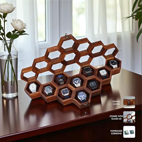 Image of Vintage Wooden Watch Box for Men, Timepiece Display Case, Honeycomb Watch Storage & Organizer, Jewlery Box for Women, Anniversary Gift For Husband (10 Compartments (Other Design))