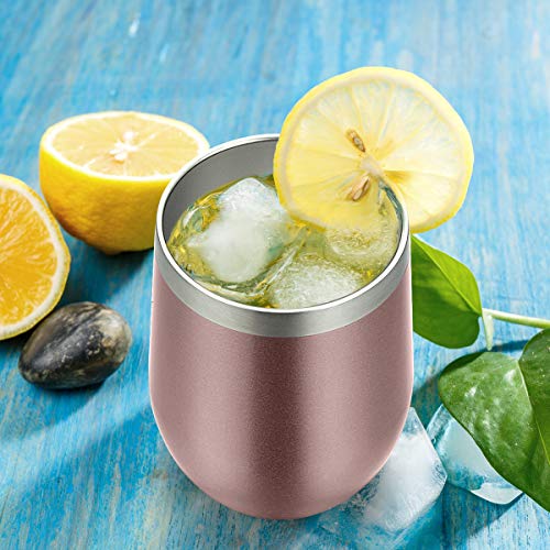 Fungun 6 Pack Stemless Wine Tumbler, 12 Oz Rose Gold Stainless Steel Wine Glass With straws, Unbreakable Double Wall Cup Insulated Tumbler with Lids for Wine, Coffee, Drinks, Cocktails, Champagne