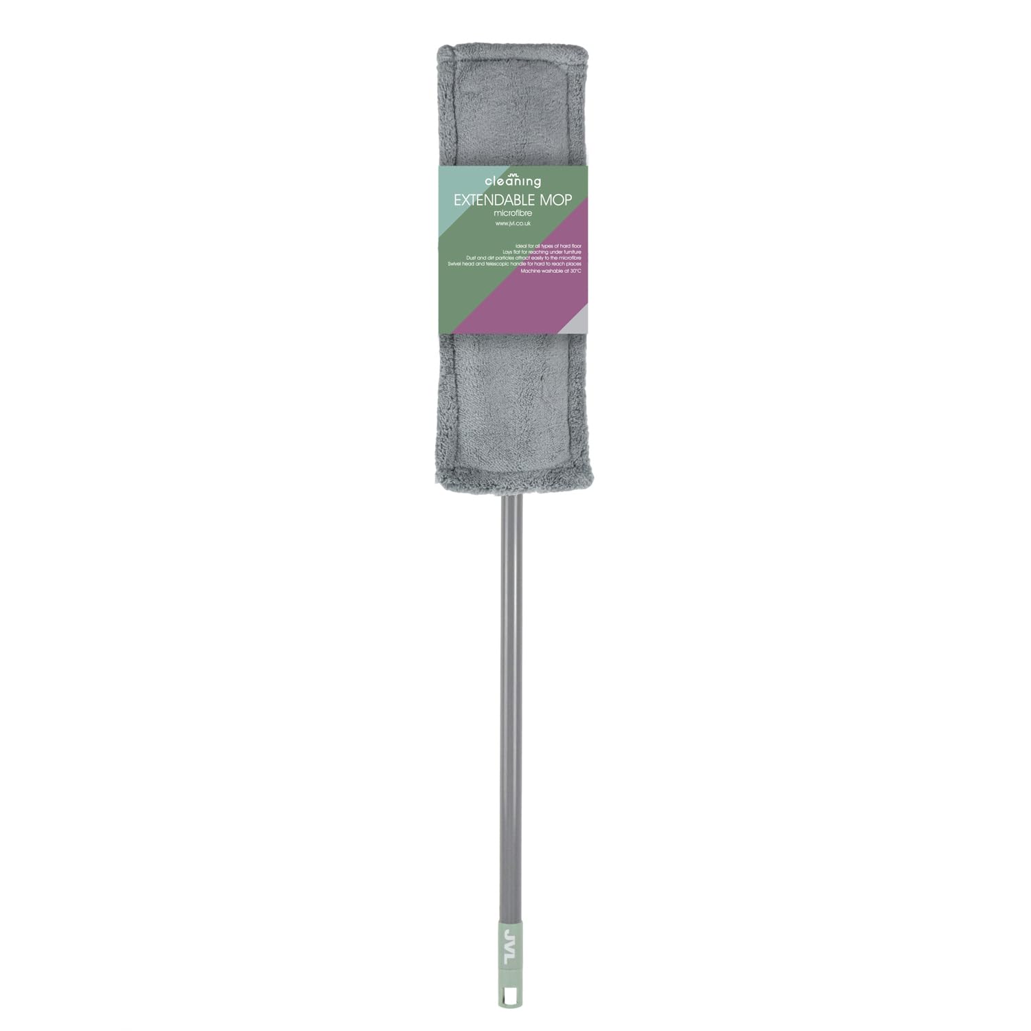 JVL Extended Microfibre Mop – Flat Floor Cleaner with Long Handle – Machine Washable & Reusable Cleaning Head – Grey