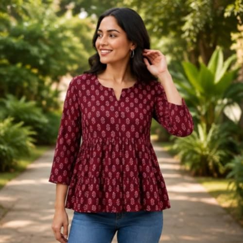 Image of Women's Printed V-Neck Short Kurti | Casual Long Sleeve Tunic Top