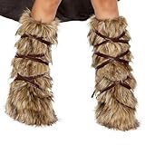 Women Viking Costume Faux Fur Leg Warmers Hand Warmers Winter Fuzzy Leg Wraps Boots Covers with Strap for Halloween Cosplay