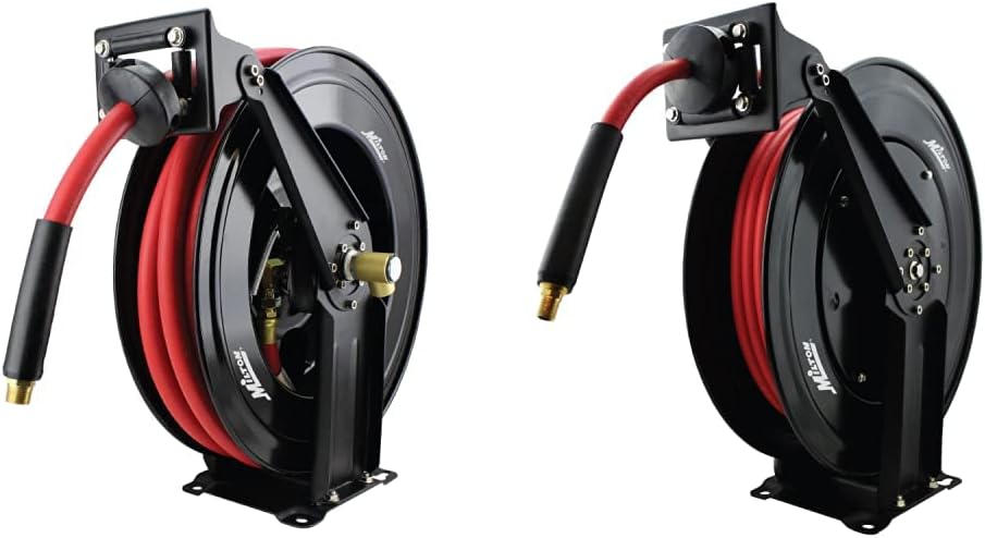 Milton 2780-50D - Steel Dual Arm Auto-Retractable Air Hose Reel, 1/2" x 50 ft. & 2760-50D - Steel Dual Arm Auto-Retractable Air Hose Reel, 3/8" x 50 ft. Rubber Hose - 300 Max PSI
