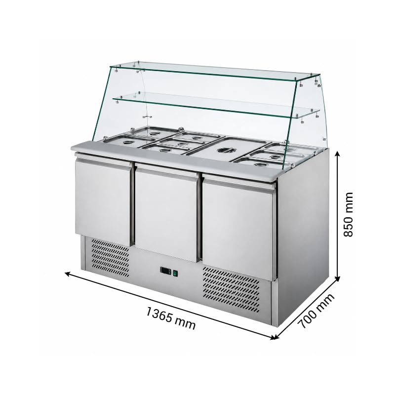 Générique Saladette refrigerata professionale a 3 ante con vetrina destra e ripiano - 368 litri