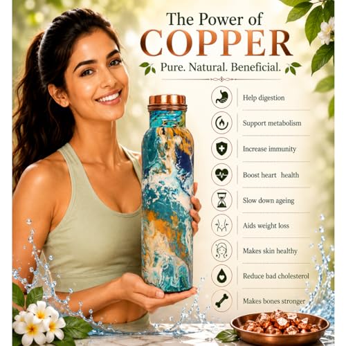 Image of Pure Copper Water Bottle - Handcrafted - Ayurveda health benefits - Large 1000 ml - Leak proof - Easy to carry for Sports, Fitness, Yoga, School - Royal Mosaic 3D Vintage Colorful Enamel