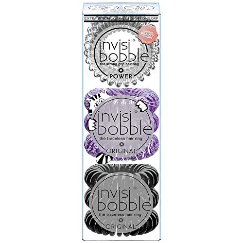 invisibobble Original and Power Traceless Spiral Hair Ties - Pack of 9 - Clear Purple and Black - Elastic Band with Strong Grip, Non-soaking, Hair Accessories for Women