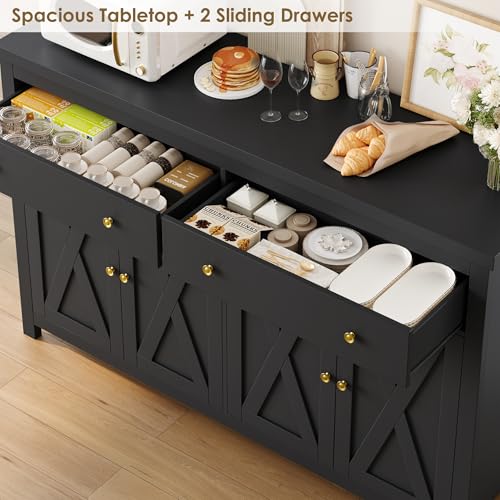 FOTOSOK Sideboard Buffet Cabinet with Storage, 55" Large Kitchen Storage Cabinet with 2 Drawers and 4 Doors, Wood Coffee Bar Buffet Table for Kitchen Dining Room, Black