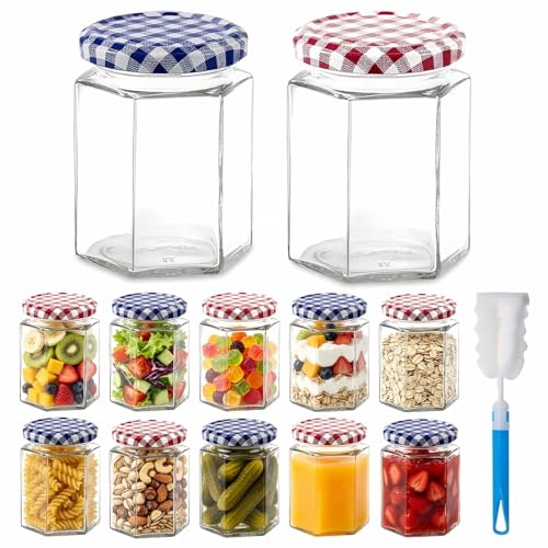Glass Jam Jars 12Pack Hexagonal Storage Glass Jars with Screw Top 280ml/9oz