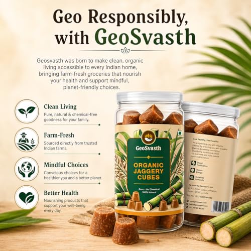Image of Geosvasth Organic Jaggery Cubes | Unrefined & Nutrient Rich Gud |Preservative Free | Desi Gol,Gur, Vellam, Sharkara Bellam | Healthy Sugar Substitute, Iron Boosting | Traditionally made 600g Pack of 2 (600g x Pack of 3)