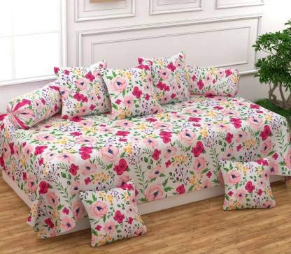 diwan Set for Living Room, diwan Set Covers Glace Cotton, diwan Set 8 Pieces (1 Single Bedsheet, 5 Cushion Covers, 2 Bolster Covers) (Floral-Beige)-picture-15