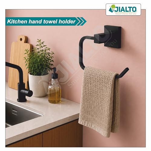 Image of JIALTO Premium Matte Black Finish Towel Ring - Wall Mounted, Rust-Free, Stainless Steel Towel Holder for Bathroom & Kitchen (Matte Black, Pack of 1)