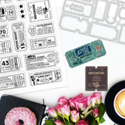 BEUNITONE 2pcs Vintage Ticket Stamp and Die Set Postage Clear Stamp Frame Cutting Dies for DIY Scrapbooking Star Silicone Stamps Embossing Stencils Template for Paper Card Making Album Craft Decor