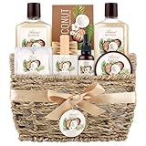 Bath & Shower Spa Basket Gift Set, Coconut Scent, with Shower Gel, Bubble Bath,Body Lotion, Bath Bomb,Bath Salt, Bath and Body Gift Box for Women