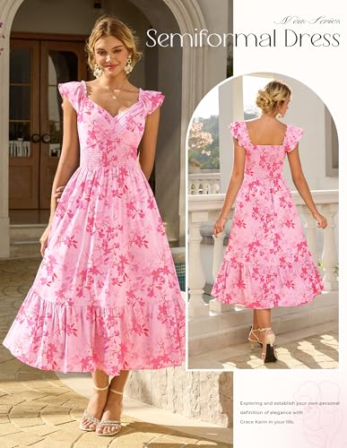 Image of GRACE KARIN Women's Summer Floral Maxi Dress 2026 Ruffle Sleeve Smocked Sundress Flowy Wedding Guest Long Dresses with Pocket