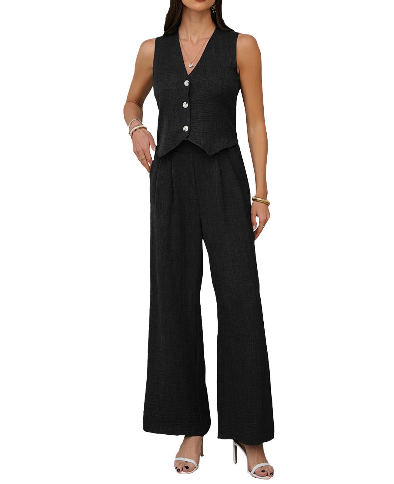 MINTLIMIT Womens 2 Piece Outfits Sleeveless Button Suit Vest Wide Leg Pants Set Casual Summer Matching Set Business