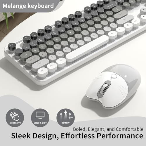 Image of Creamy Wireless Keyboard and Mouse, MOFII 104 Round Keycaps Retro Typewriter with OTG & Brush, Full-Size Ergonomic, Ideal for Windows PC, Home, Office and College Gray White