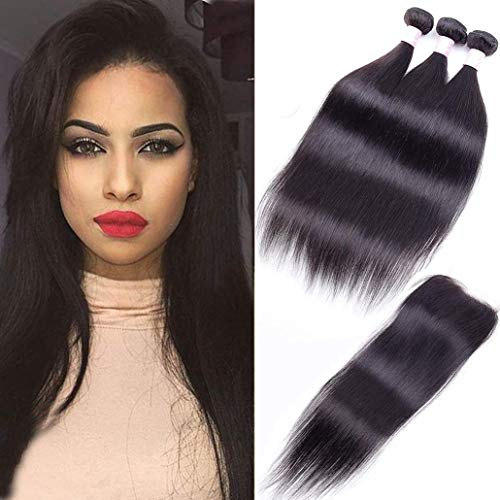 10A Peruvian Virgin Straight Hair 3 Bundles with Free Part Closure (24 26 28+20) 100% Unprocessed Peruvian Straight Human Hair Weft with Lace Closure Natural Hair Extensions Peruvian Straight Hair